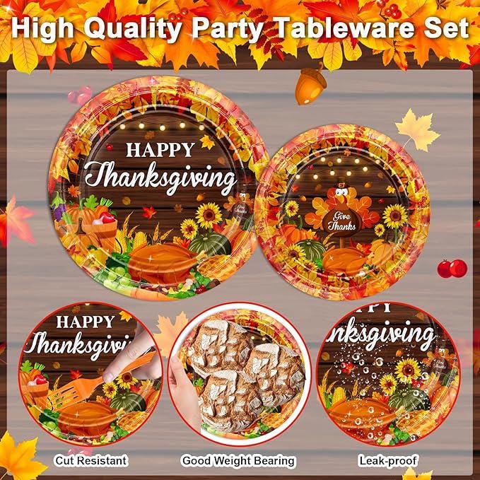 Thanksgiving Paper Plates and Napkins Set 144 Pcs Disposable Tableware for 24 Guests