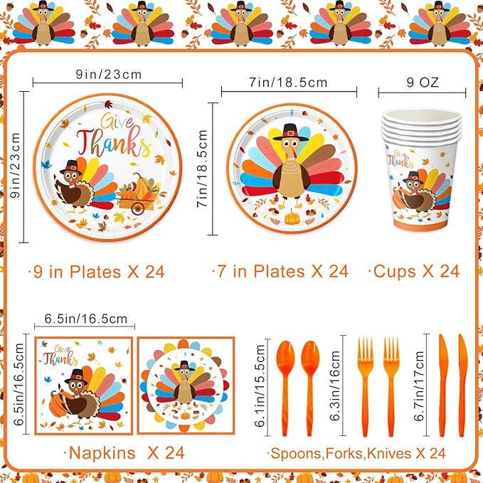 Thanksgiving Turkey Party Supplies Set: Disposable Dinnerware for 24 Guests