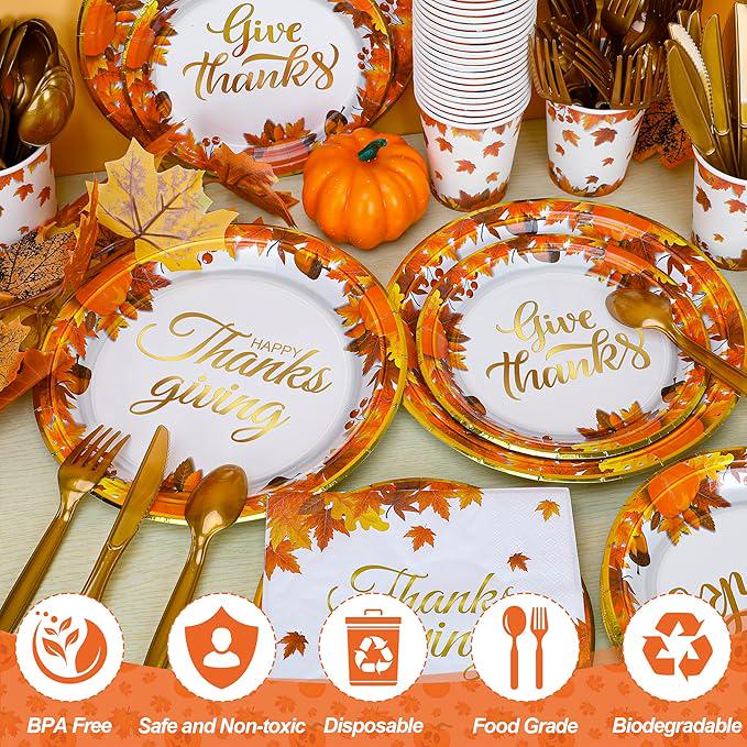 Thanksgiving Disposable Dinnerware Set: 25 Guests, Maple Leaf Design