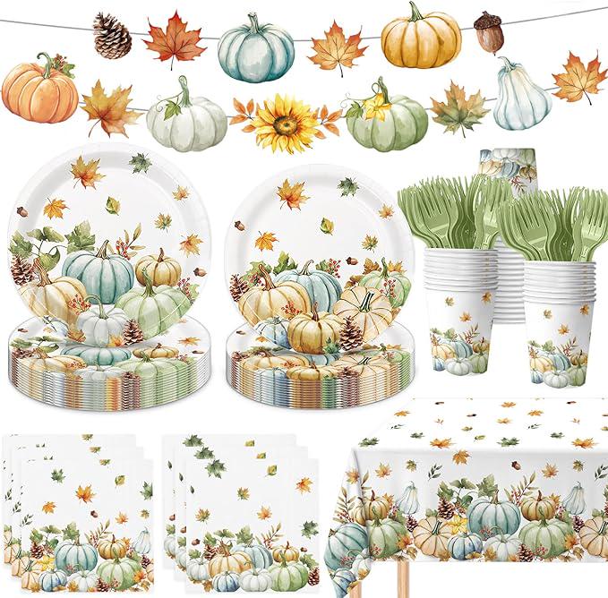 Watercolor Pumpkin Party Set: Disposable Autumn Tableware, 24 Guests