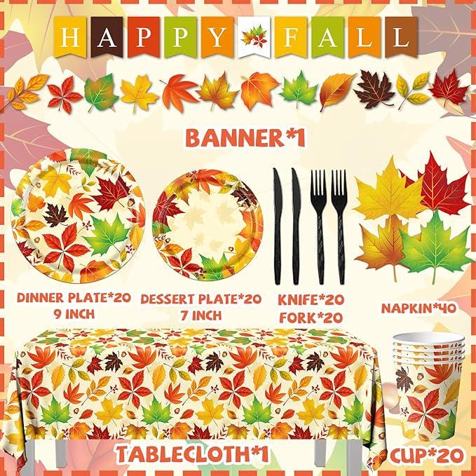 Fall Decorations Tableware Set 142 Pcs Autumn Leaves Plates and Napkins for Thanksgiving Party