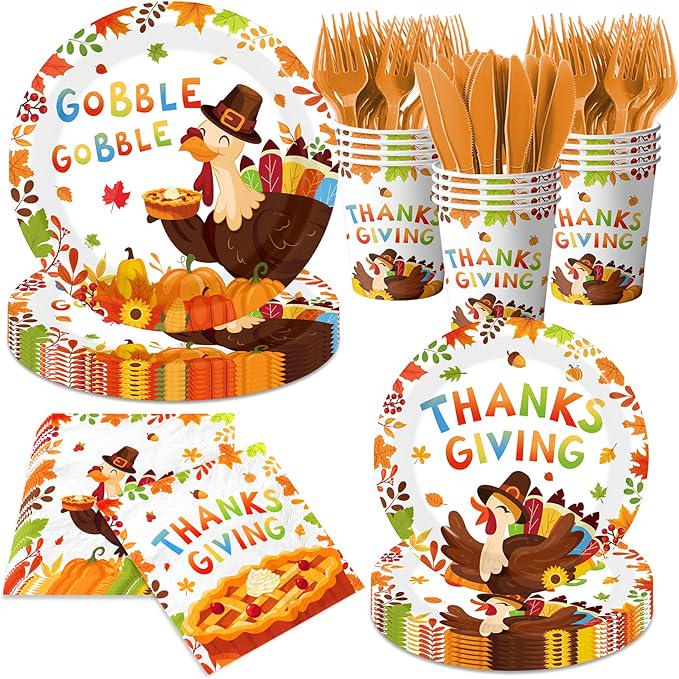 Thanksgiving Turkey Party Tableware Set: 24 Disposable Plates, Napkins, Cups, Cutlery