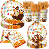 Thanksgiving Turkey Party Tableware Set: 24 Disposable Plates, Napkins, Cups, Cutlery