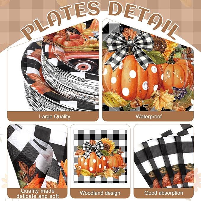 452PCS Fall Thanksgiving Party Set with Buffalo Plaid Plates, Napkins, Cups & Cutlery