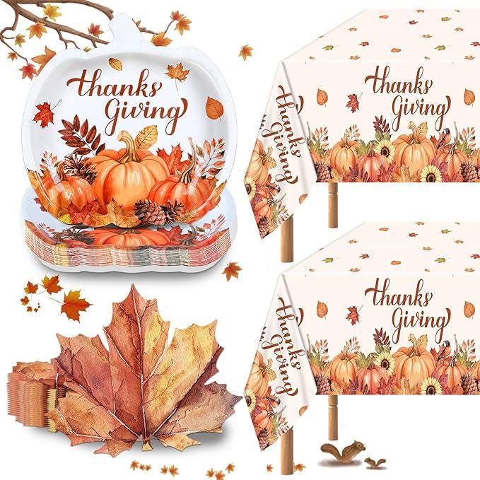 Thanksgiving Party Set for 24 Guests with Pumpkin Plates, Maple Leaf Napkins & Tablecloth
