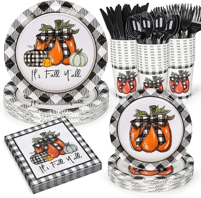 Buffalo Plaid Pumpkin Fall Party Set: Tableware for 24 Guests