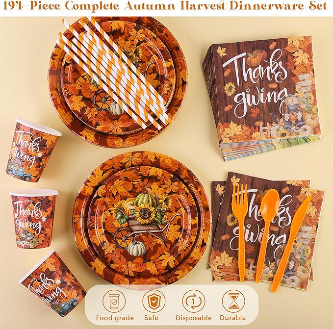Thanksgiving Party Tableware Set: Maple Leaf Theme, 24 Guests