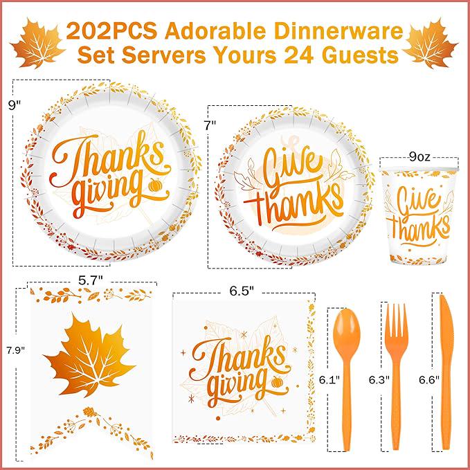 202PCS Thanksgiving Disposable Party Set with Plates, Napkins, Cups & Fall Decorations for 24 Guests