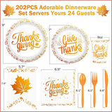 202PCS Thanksgiving Disposable Party Set with Plates, Napkins, Cups & Fall Decorations for 24 Guests