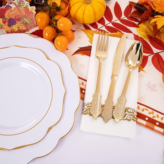 175PCS Gold Disposable Plates Set with Cutlery, Cups & Napkins for Fall Party and Thanksgiving