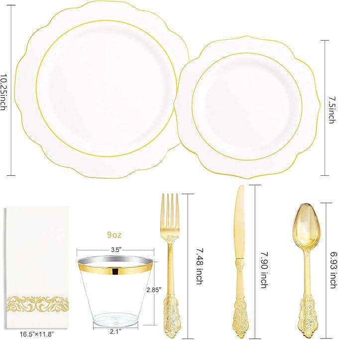 175PCS Gold Disposable Plates Set with Cutlery, Cups & Napkins for Fall Party and Thanksgiving