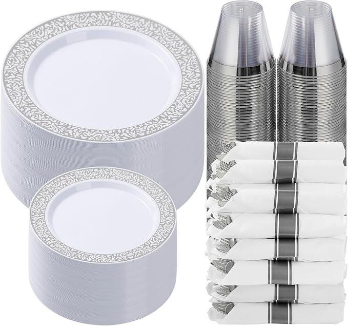 350PCS Silver Disposable Dinnerware Set for 50 Guests with Plates, Napkins, Cups & Silverware