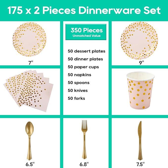 Pink and Gold Party Set: 50 Guest Disposable Dinnerware