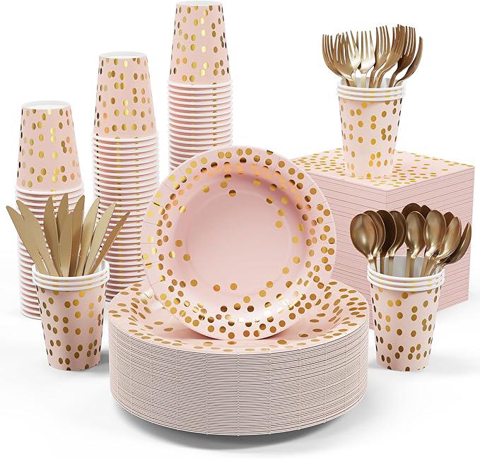 Pink and Gold Party Set: 50 Guest Disposable Dinnerware