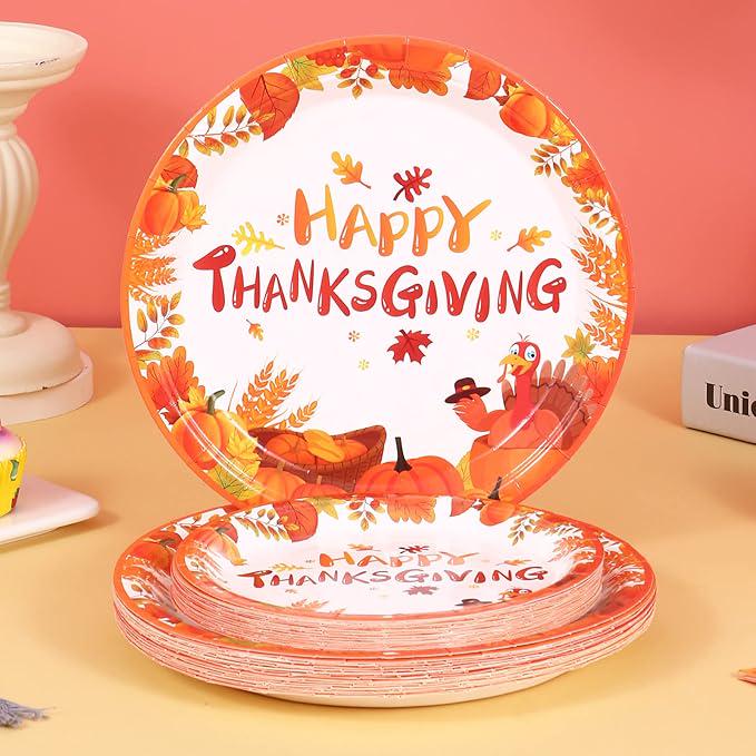Thanksgiving Party Set for 24 Kids with Pumpkin Plates, Maple Leaf Napkins & Disposable Tableware