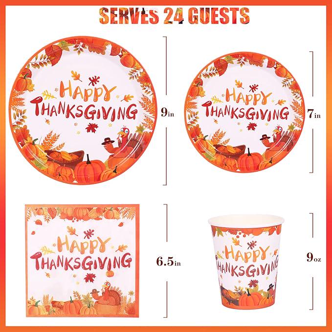 Thanksgiving Party Set for 24 Kids with Pumpkin Plates, Maple Leaf Napkins & Disposable Tableware
