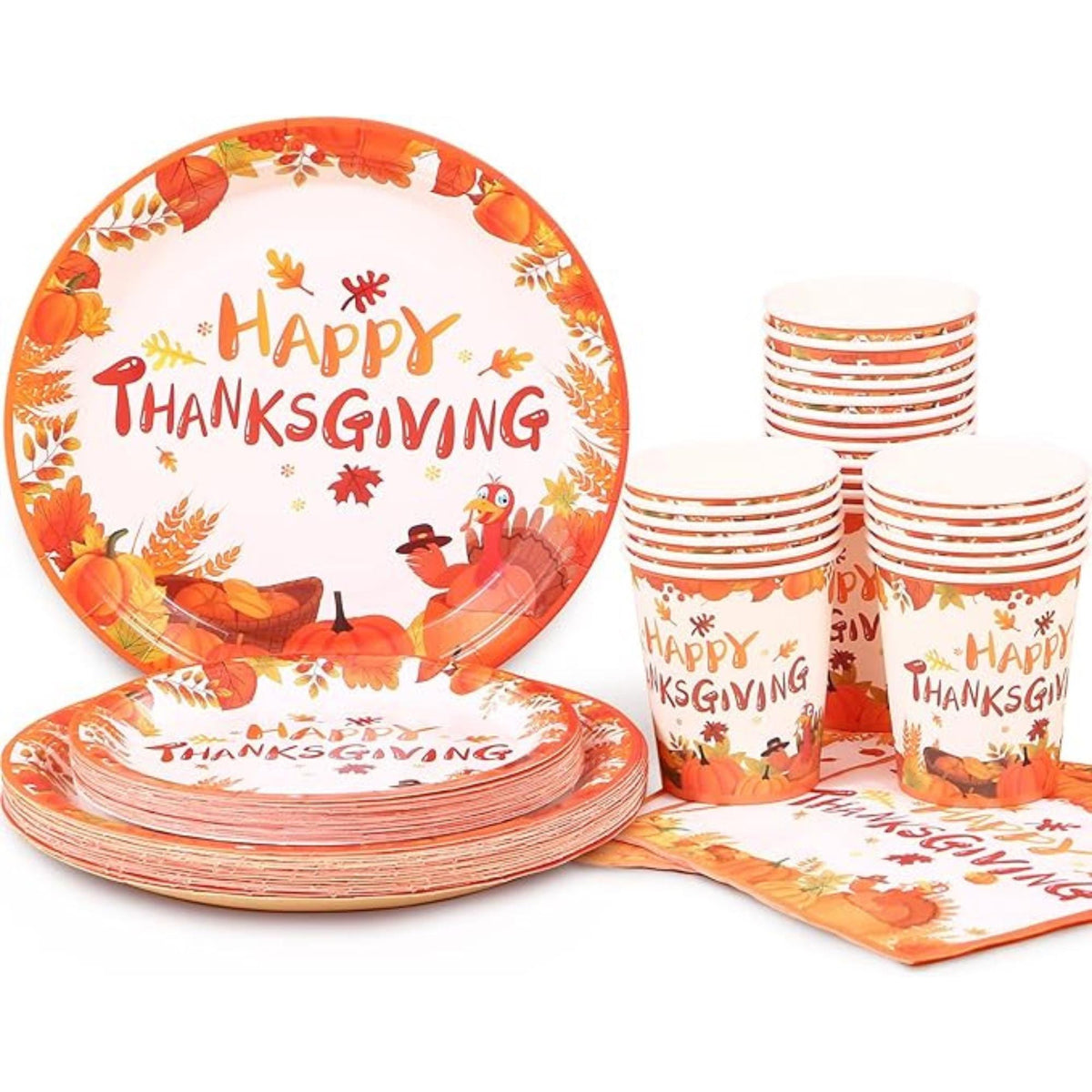 Thanksgiving Party Set for 24 Kids with Pumpkin Plates, Maple Leaf Napkins & Disposable Tableware