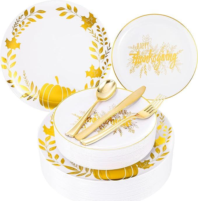 125PCS Thanksgiving Disposable Plates Set with White & Gold Plates, Cutlery for Fall Party