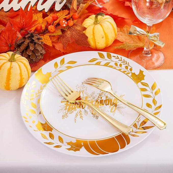 125PCS Thanksgiving Disposable Plates Set with White & Gold Plates, Cutlery for Fall Party