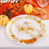 125PCS Thanksgiving Disposable Plates Set with White & Gold Plates, Cutlery for Fall Party