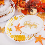 125PCS Thanksgiving Disposable Plates Set with White & Gold Plates, Cutlery for Fall Party