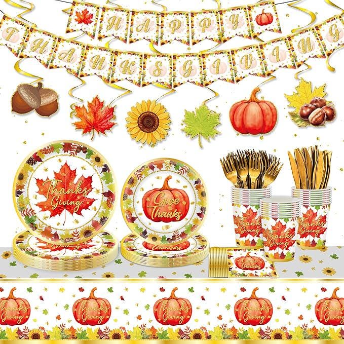 123PCS Kids Thanksgiving Pumpkin Party Set with Plates, Napkins, Cups & Banner