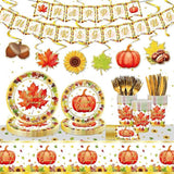 123PCS Kids Thanksgiving Pumpkin Party Set with Plates, Napkins, Cups & Banner