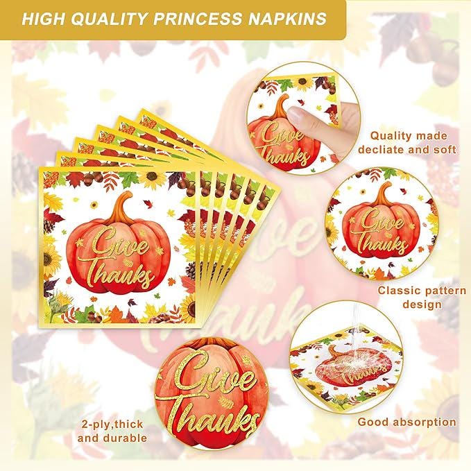 123PCS Kids Thanksgiving Pumpkin Party Set with Plates, Napkins, Cups & Banner