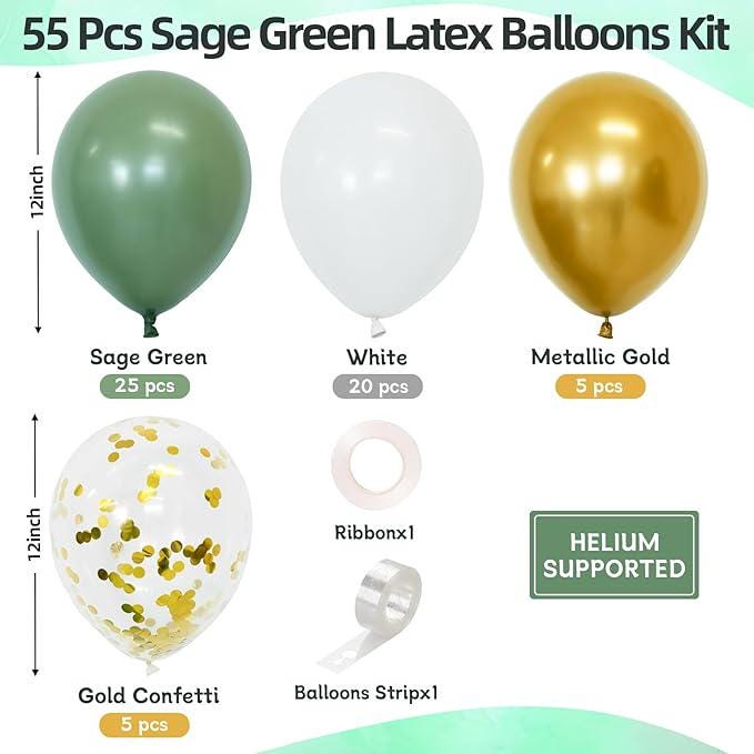 Sage Green Balloons 60pcs 12inch White Gold Confetti for Birthday Baby Shower Party