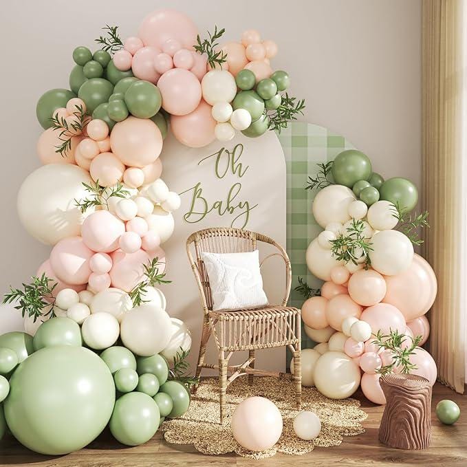 Sage Green Pink Balloon Arch Kit 124pcs Pastel Peach White for Baby Shower Party
