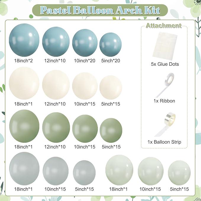 Pastel Balloon Arch Kit: Dusty Blue, Sage Green, Sand White - 124 Pcs