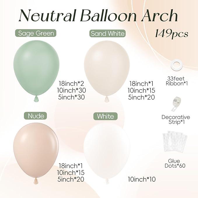 Neutral Balloon Arch Kit 149pcs Sage Green Nude White for Baby Shower Wedding Party