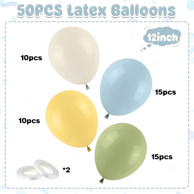 Pastel Balloons: Sage Green, Dusty Blue & Lemon Yellow, 50pc Party Set