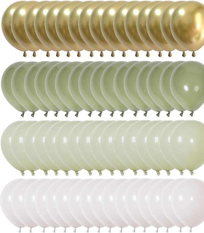 Pastel Sage Green Gold Balloons 60pcs 12inch Olive White for Baby Shower Party