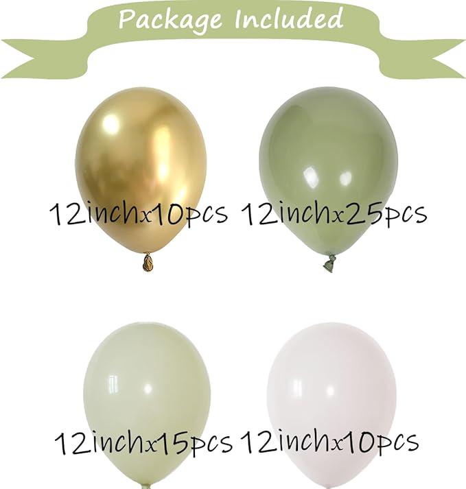 Pastel Sage Green Gold Balloons 60pcs 12inch Olive White for Baby Shower Party