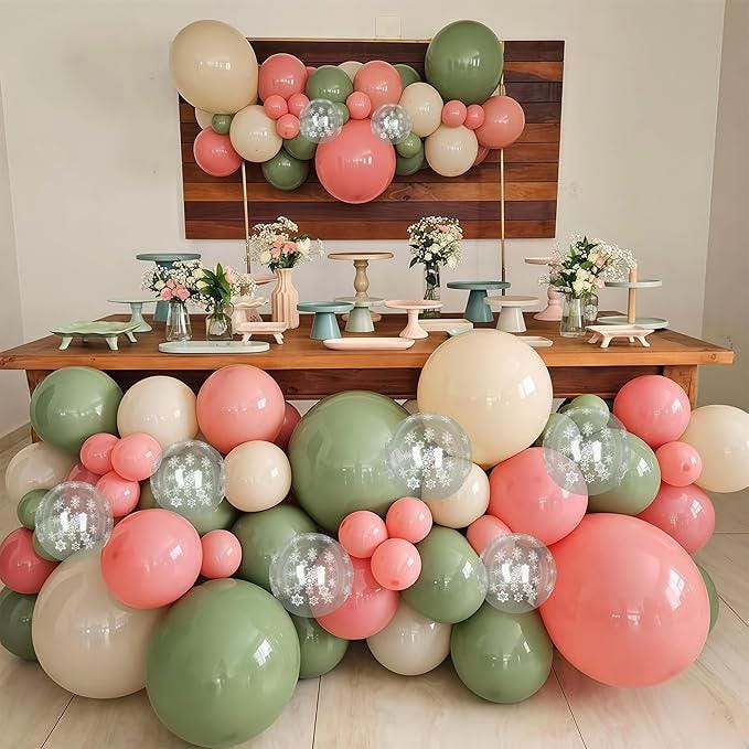 Pink and Green Balloons 60pcs 12inch Sage Olive White for Winter Baby Shower Party