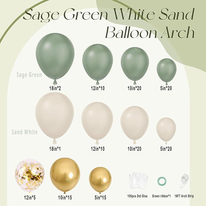 Sage Green Balloon Arch Kit 141pcs Gold Sand White for Baby Shower Wedding Party