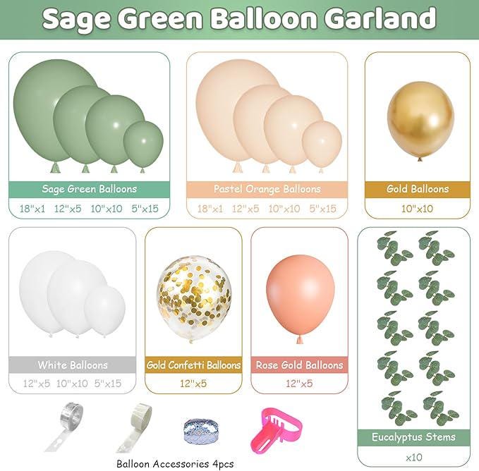Sage Green Balloon Garland Kit: Peach, White & Gold Party Arch