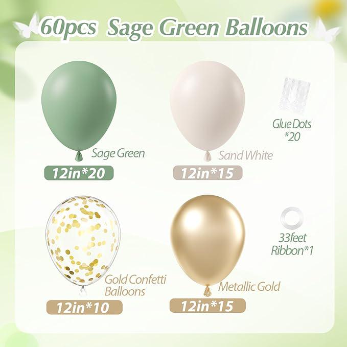 Sage Green Balloons 60pcs 12inch Sand White Gold for Baby Shower Wedding Party