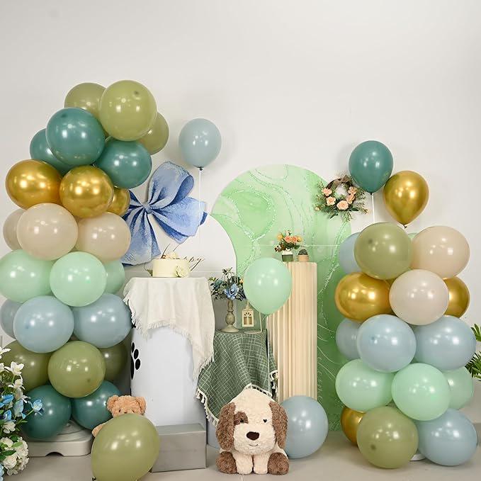 Sage Green Blue Balloons 60pcs 12inch Dusty White Gold for Baby Shower Party