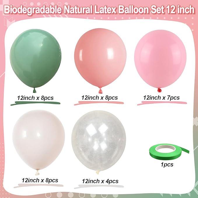 Retro Pink and Sage Green Balloon Set for Baby Shower Wedding and Party Decor
