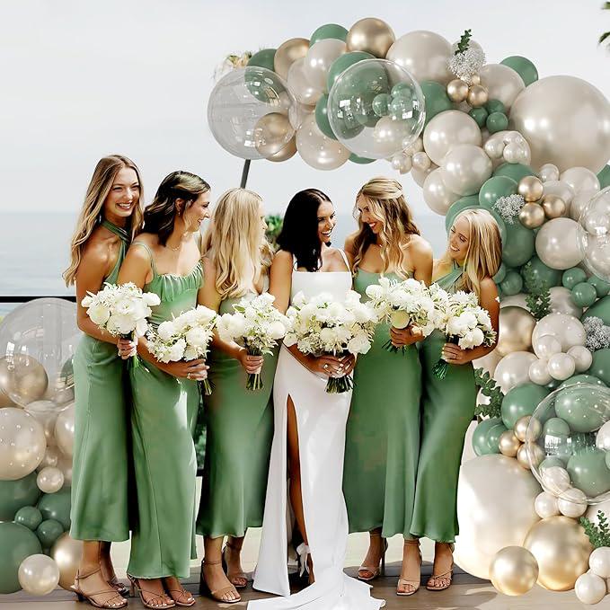 Sage Green Balloon Arch Kit: Pearl, Gold & Clear Balloons