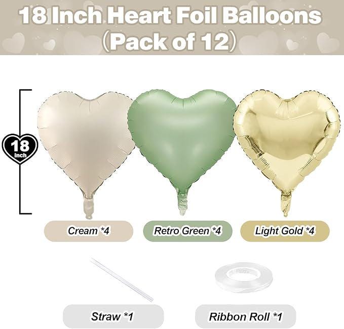 Sage Green & Gold Heart Foil Balloons, Party Decor - 12 Pcs
