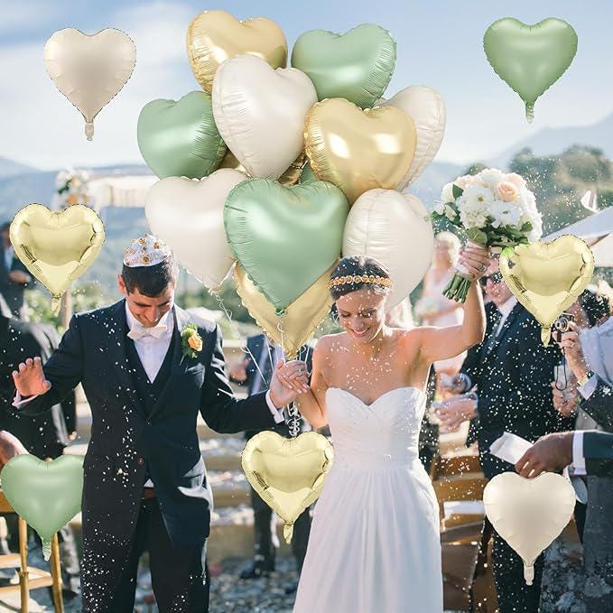 Sage Green & Gold Heart Foil Balloons, Party Decor - 12 Pcs