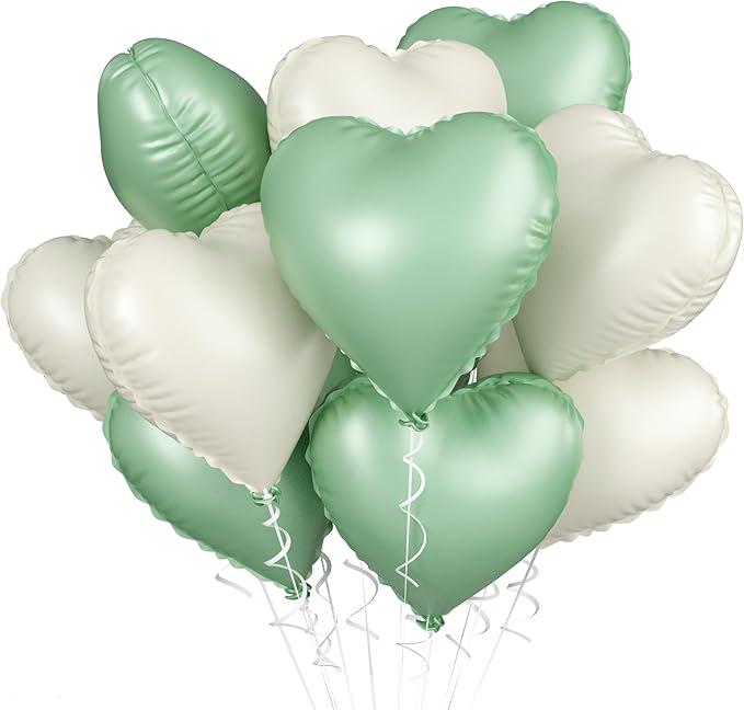 Sage Green & Cream Heart Balloons: Baby Shower, Wedding Decor - 10 Pcs