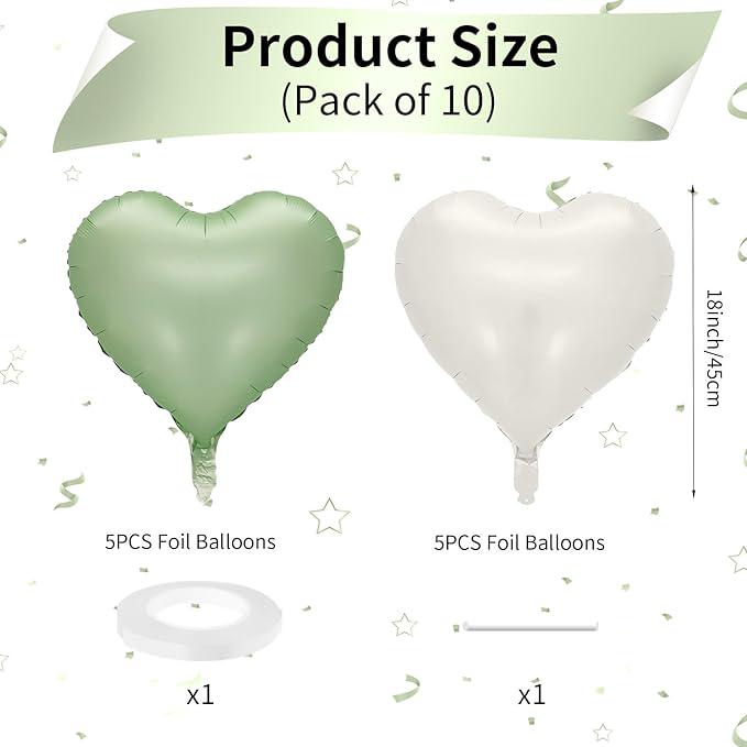 Sage Green & Cream Heart Balloons: Baby Shower, Wedding Decor - 10 Pcs