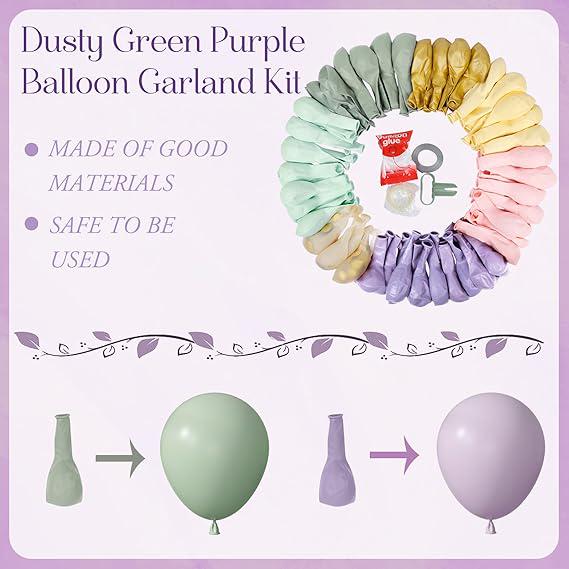 Pastel Balloon Arch Kit: Dusty Green, Purple & Gold, 173 Pcs