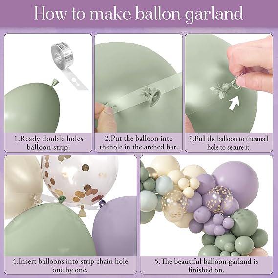 Pastel Balloon Arch Kit: Dusty Green, Purple & Gold, 173 Pcs
