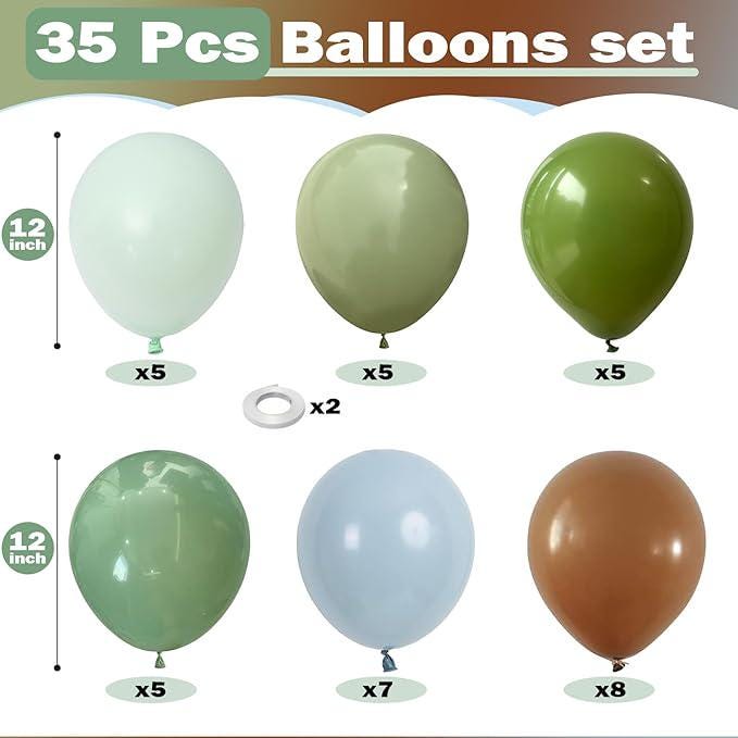 12 Inch Blue Green Brown Balloons for Dinosaur, Woodland, Jungle Birthday Decor