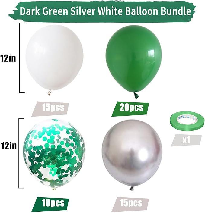 60pcs Green White Silver Confetti 12" Balloons for Kids Birthday Party Decor